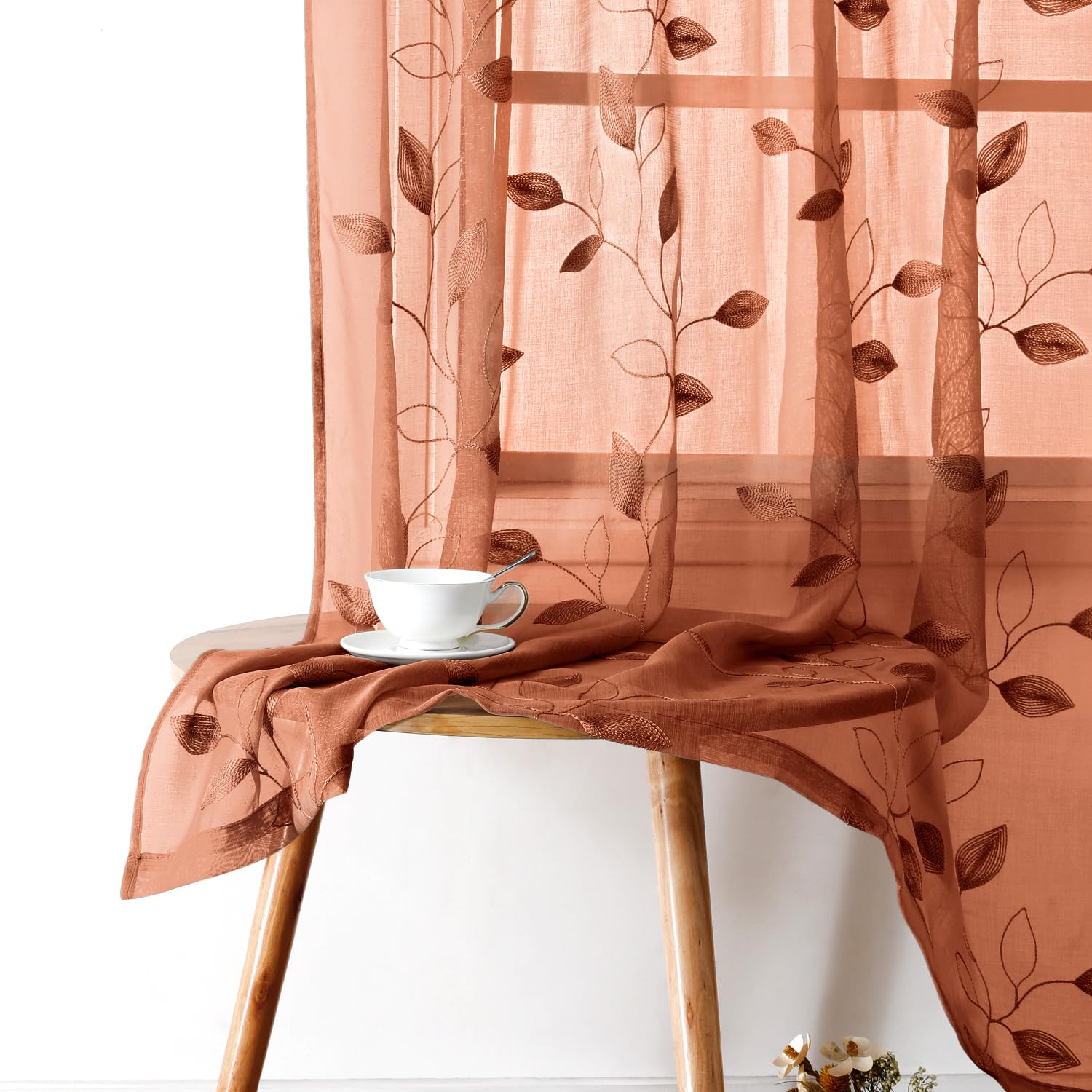 Homeideas Burnt Orange Sheer Curtains 96 Inches Long 2 Panels Embroidered Floral Sheer Pattern Curtains Semi Sheer Window Curtains For Bedroom Living Room